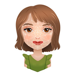 Facial recognition technology by the example of girl's face identification, vector illustration
