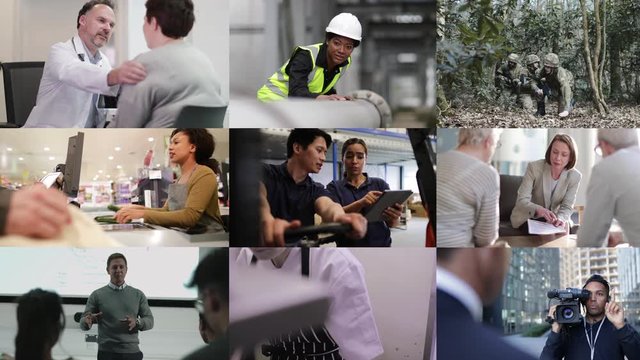 Group Of Key Workers Industry Professionals, Doctor, Teacher, Chef, Military, Supermarket, Delivery, And Infrastructure Worker, Professionals Split Screen Digital Composite