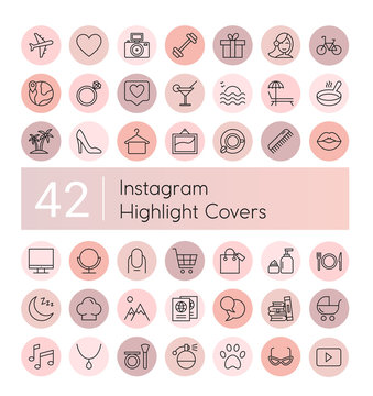 Instagram highlight vector illustration icons set. Social media instagram collection of pink flat line covers for female account, insta blogger stories, lifestyle fashion elements, food and travel