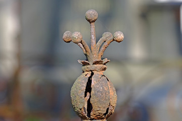 metallic red elements of the old fence