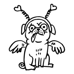 Pug dog with wings like an angel sitting with a headband with hearts, valentine's day motif, black and white cartoon joke