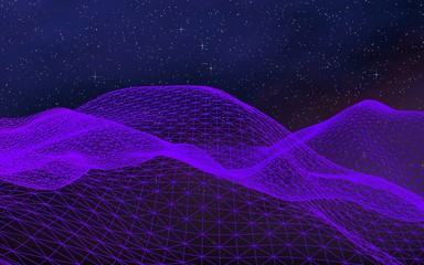 Abstract ultraviolet landscape on a dark background. Purple cyberspace grid. hi tech network. Outer space. Violet starry outer space texture. 3D illustration