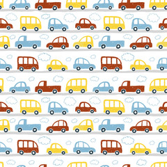 Hand drawn toy cars and clouds on white background. Print for fabric, for baby clothes