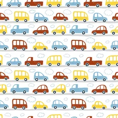 Wallpaper murals Cars Hand drawn toy cars and clouds on white background. Print for fabric, for baby clothes