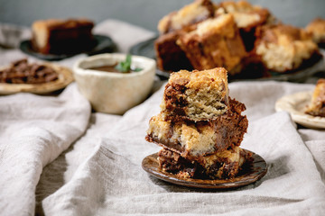 Trend baking Brookies chocolate brownies and cookies homemade cake sliced by squares in different...