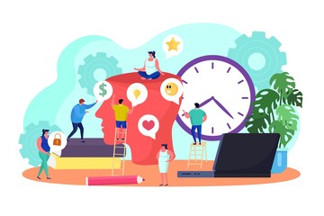 Creative idea thinking teamwork, vector illustration. Business workers brainstorm together, develop idea. Creative director character sit on team head top, employees offer solutions.