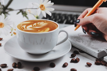 .Cappuccino on a white background. White vintage background. Menu background. Sweet food. Vintage coffee background. White background, isolated. Hot drink. Remote work