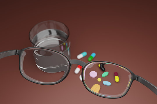 3D illustration of Pills and a glass of water when look through glasses with blur background