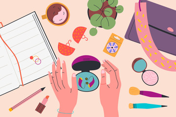 View from above. Women's holds box from under the hearing aid. Note, cosmetics, bag, battery pack, rings and earrings, plant, cup of tea. Colorful vector illustration in flat cartoon style.