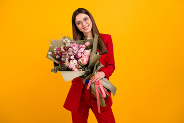 Photo of classy attractive business lady worker hold big flowers bunch colleagues birthday present wear specs red luxury office blazer blue blouse suit isolated yellow color background