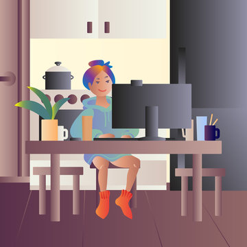 Home office in kitchen. Girl works on computer from home. Stay home concept.