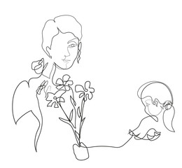 One continuous line drawing of young girl giving flower to mother.
Cute and well-mannered young girl and family concept.