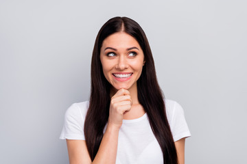 Close-up portrait of her she nice-looking attractive lovely cute pretty charming curious creative cheerful cheery straight-haired girl creating plan isolated over light gray pastel color background