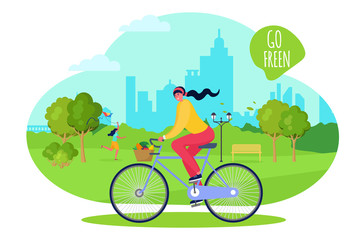 Girl at city park ride bike, vector illustration. Active spring walk in fresh air, healthy weekend time. Happy outdoor leisure, adult woman character dressed sportswear, high building background.