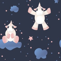 Seamless pattern with hand drawn beautiful cute unicorn on clouds