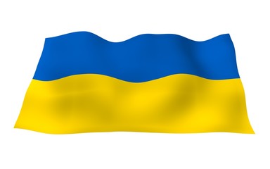 The flag of Ukraine on a white background. National flag and state ensign. Blue and yellow bicolour. 3D illustration waving flag