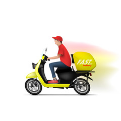 Fototapeta na wymiar Yellow Vintage Food Delivery Scooter With Courier