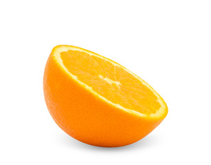 Closeup fresh single orange fruit slice isolated on white background with clipping path