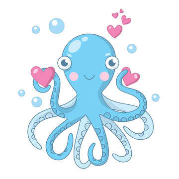 Vector illustration with an octopus in love 