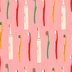 Mouth cleaning tools. Set of various Toothbrushes. Dental hygiene, Oral care, healthcare concept. Side view. Hand drawn colored Vector seamless pattern. Pink background. Wallpaper