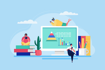 Home online education, training vector illustration. Internet studying, online lesson technology at computer screen. Man and woman character gain business knowledge, electronical device.