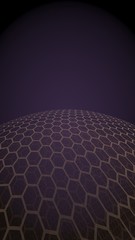 Multilayer sphere of honeycombs, purple on a dark background, social network, computer network, technology, global network. 3D illustration