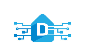 Advance Technology Logo with Letter D isolated with white background. Letter D Logo Design template with house shape. Digital logo