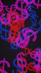 Multicolored translucent dollar signs on dark background. Red tones. 3D illustration