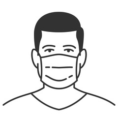 Man wearing hygienic mask to prevent infection. Protection from virus, urban air pollution, smog. Vector illustration.