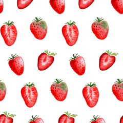 Ripe Strawberry watercolor seamless pattern. Endless print for textile, clothes, fashion fabric, linens, dress, cover, wallpaper. Hand painted art in modern trendy style