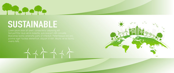 Banner design for sustainable development and eco friendly concept with green city and world environment day, vector illustration © flyalone