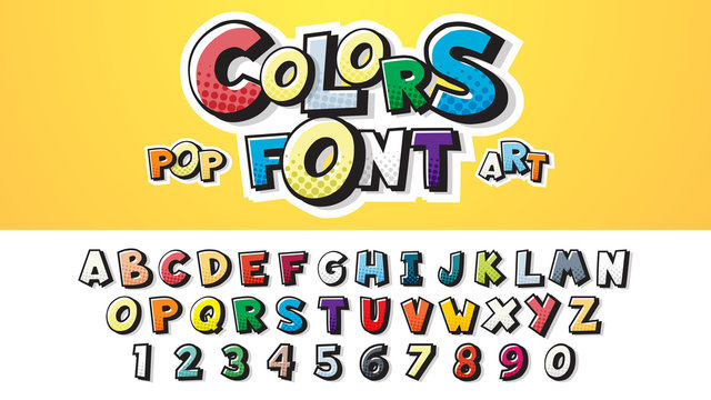 Set of Comic font letters. English alphabet for children's booklets, posters in a cartoonish style. Vector illustration of a colorful font in retro pop art style on halftone background