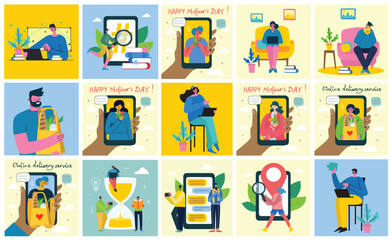 Vector illustration of Connection, Team leader, Online review, Time mamagement, Coworking space, Save the planet, Start up, Team work backgrounds