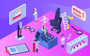 Isometric medical research concept, vector illustration. Scientists teamwork at laboratory, innovate technology. Man and woman make blood test and use paper notes, microscope, test tube.