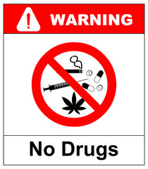 No drugs allowed. No capsule, marijuana, cannabis, tobacco, cocaine and other drugs. Red forbidden symbol. Vector prohibited illustration isolated on white