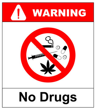 No drugs allowed. No capsule, marijuana, cannabis, tobacco, cocaine and other drugs. Red forbidden symbol. Vector prohibited illustration isolated on white