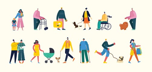 Vector illustration background in flat design of group people walking outdoor in the park on weekend