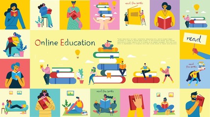 Obraz premium Vector concept illustrations of World Book Day, Reading the books and Book festival in the flat style.