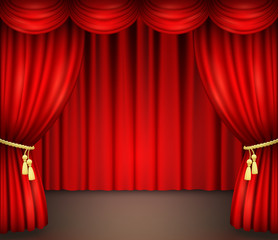 Red curtain with drapery on theater stage. Vector illustration of open velvet drapes with golden cord and tassels for movie, opera, drama performance or comedy show