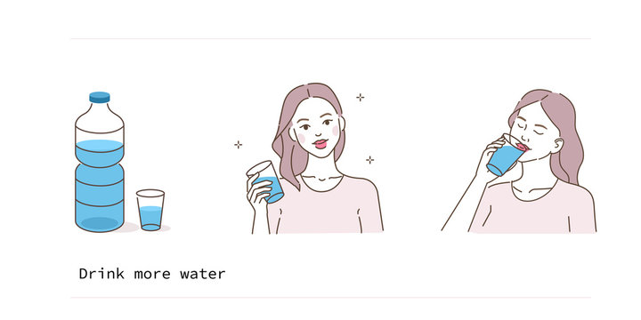 Beauty Girl Take Care of her Health and Drink More Water. Adorable Woman Drinking Water from Glass. Stay Hydrated and Healthy Lifestyle Concept. Flat Vector Illustration and Icons set.