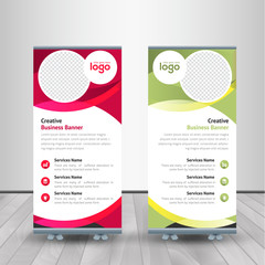 Corporate Roll-up for exhibitions, banner for seminar, layout for placement of photos. Universal stand for conference.