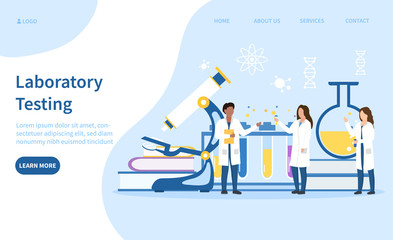Laboratory testing with medical staff or technicians in alb coats in front of test tubes and flasks, vector illustration with text and copy space
