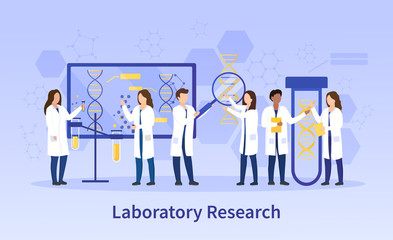 Group of diverse scientists doing lab research on genetics and chemistry with text below, colored vector illustration