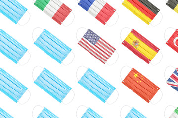 Flags of countries in the form of medical masks that are most affected by coronavirus. USA, China, Italy, France, Germany, Spain. The concept of the spread of coronavirus in the world. news background