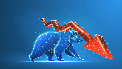 Fototapeta premium Bear market trend, red downtrend arrow. Stock Exchange and concept of a trading chart. Low poly, wireframe 3d Raster illustration. Abstract polygonal image on blue neon background