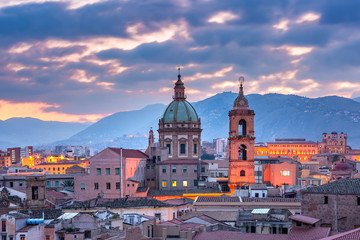 Fototapeta na wymiar Aerial view of Palermo with Church of Saint Mary of Gesu at sunset, Sicily, Italy