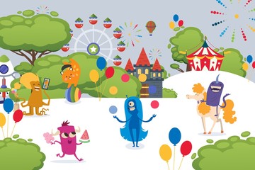 Christmas monsters having fun at festival, vector illustration. Strange character with tentacles, horns walk down street, ride pony and buy delicious food. Circus, ferris wheel and castle cartoon.