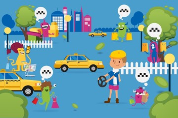 Obraz na płótnie Canvas christmas monsters shopping and looking for taxi, vector illustration. beasts with purchases, paper bag looking for yellow car on road, ordering by phone. boy in cap with steering wheel.