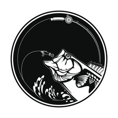 Fishing logo. Bass fish with rod club emblem. Fishing theme illustration. Isolated on white.