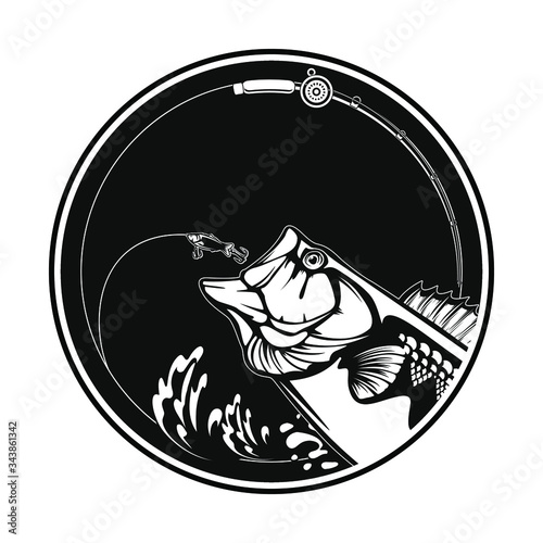 Download Fishing Logo Bass Fish With Rod Club Emblem Fishing Theme Illustration Isolated On White Wall Mural Lioriki